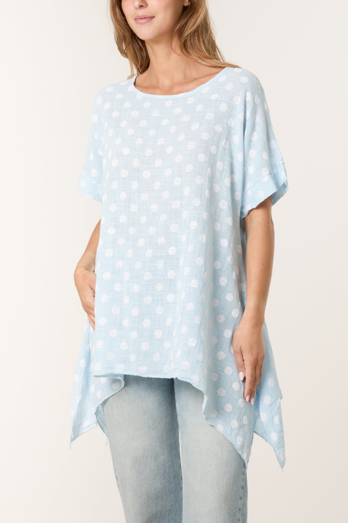 Polka Dot Asymmetric Hem Cotton Top