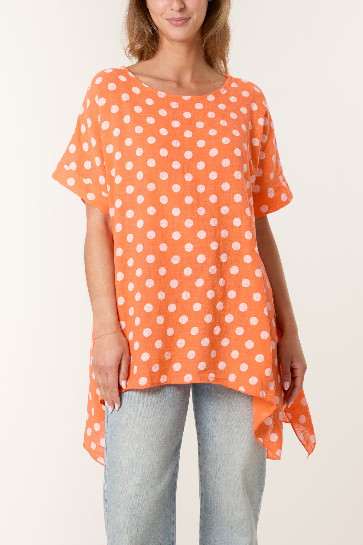 Polka Dot Asymmetric Hem Cotton Top