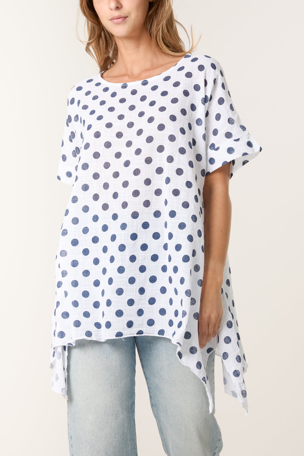 Polka Dot Asymmetric Hem Cotton Top