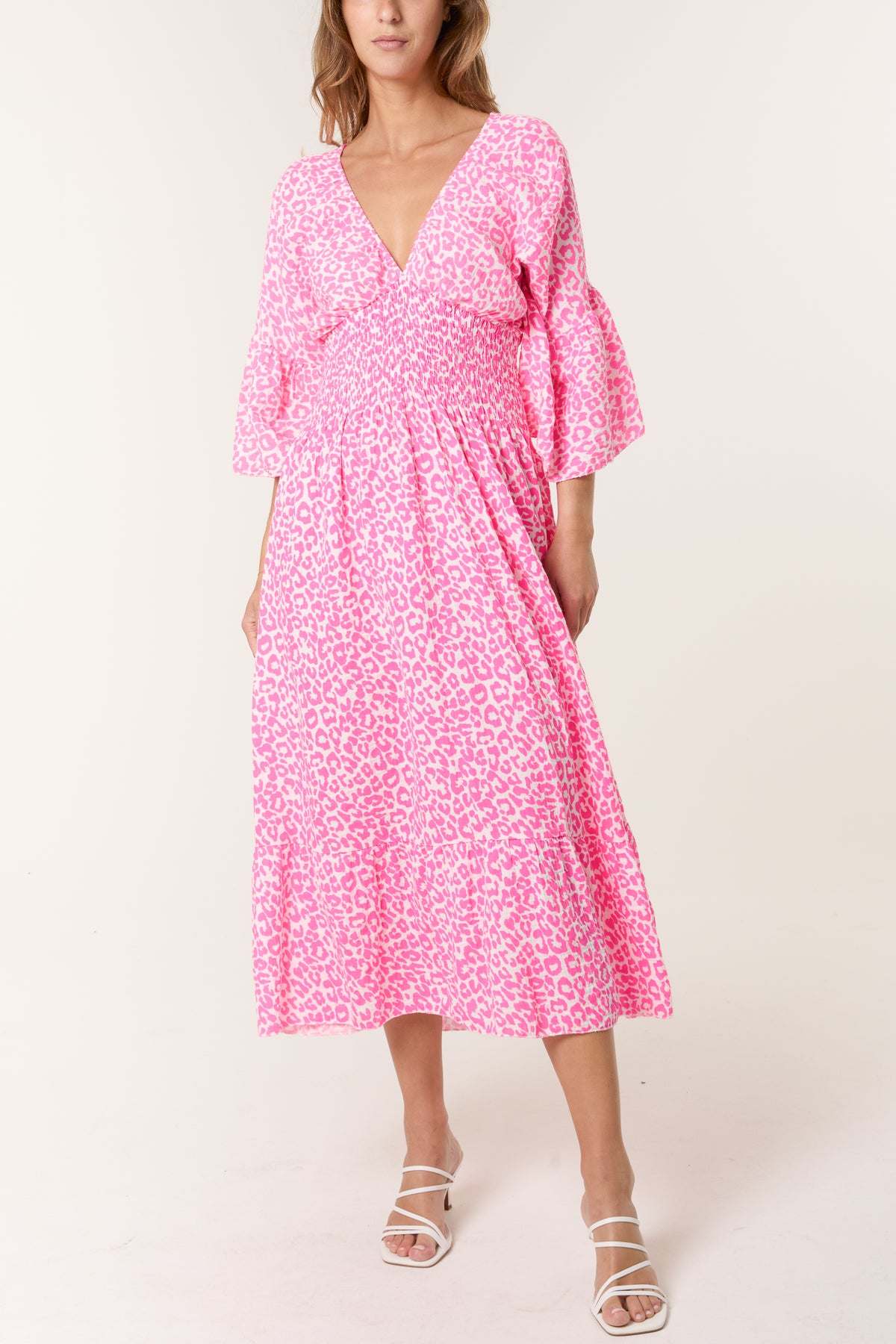 Shirred Waist Animal Cheesecloth Midi Dress