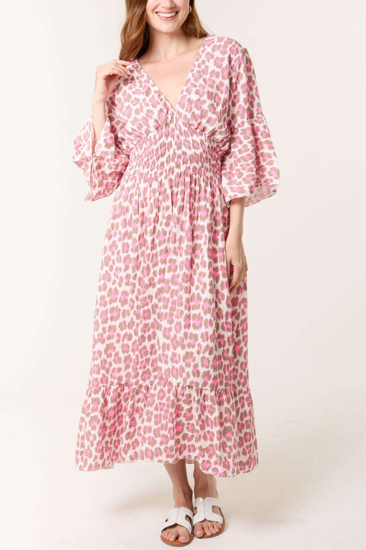 Shirred Waist Animal Cheesecloth Midi Dress