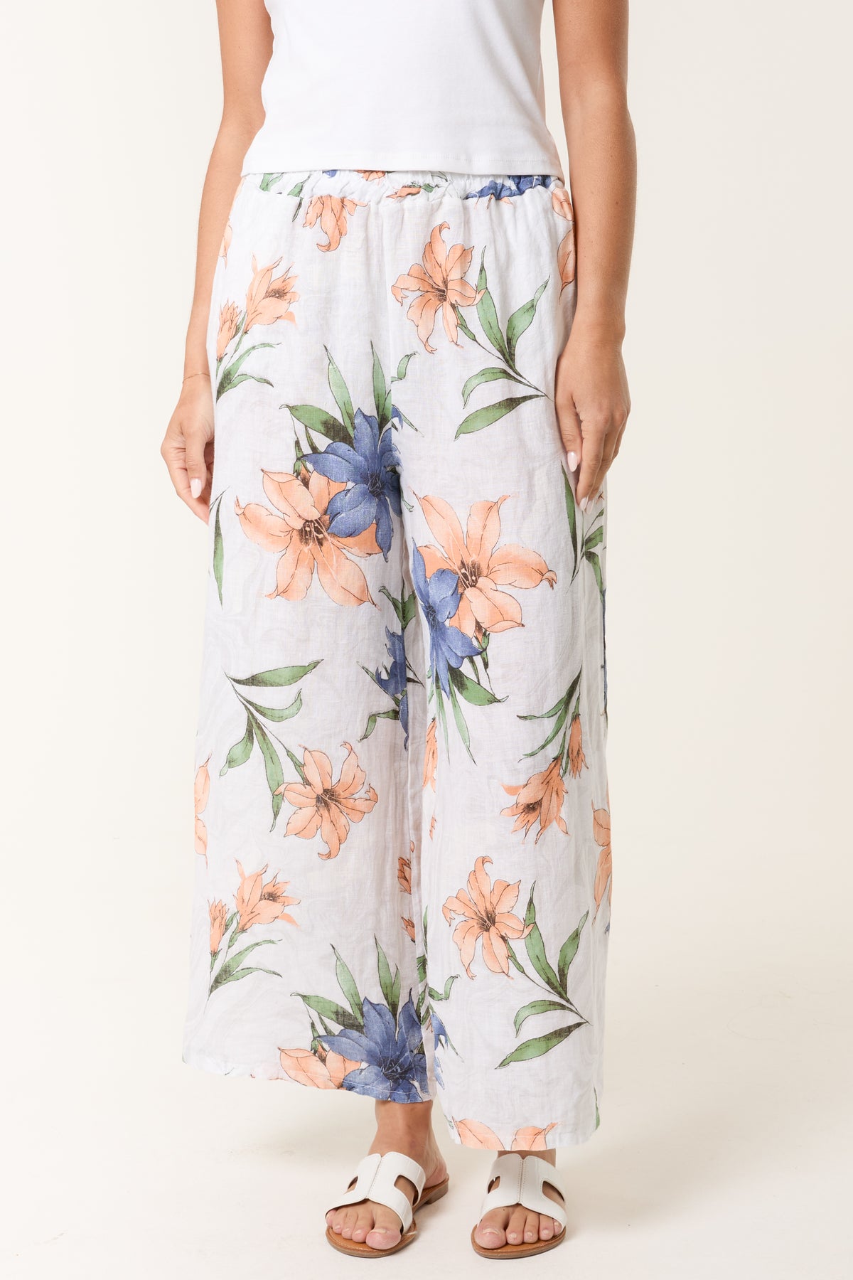 Vintage Floral Linen Wide Leg Trousers