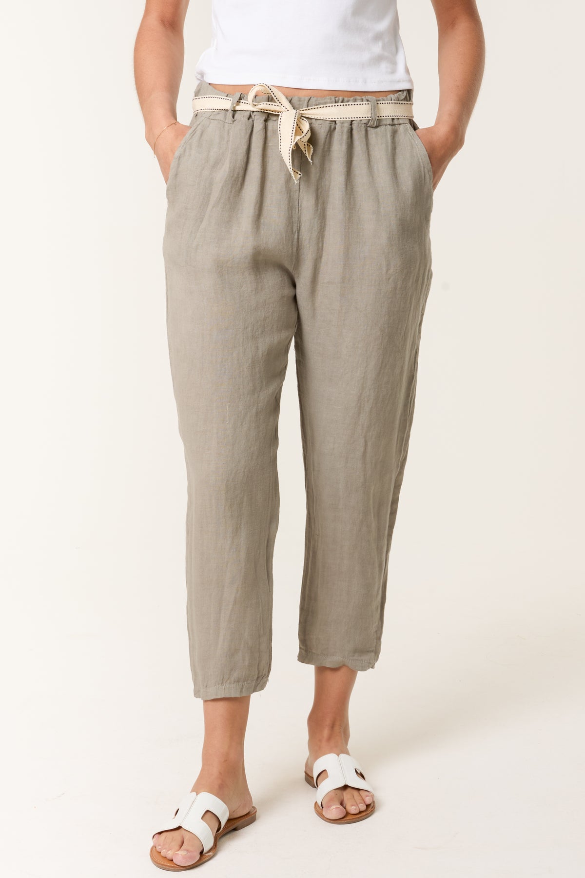 Linen Trouser W/ Embroidered Belt