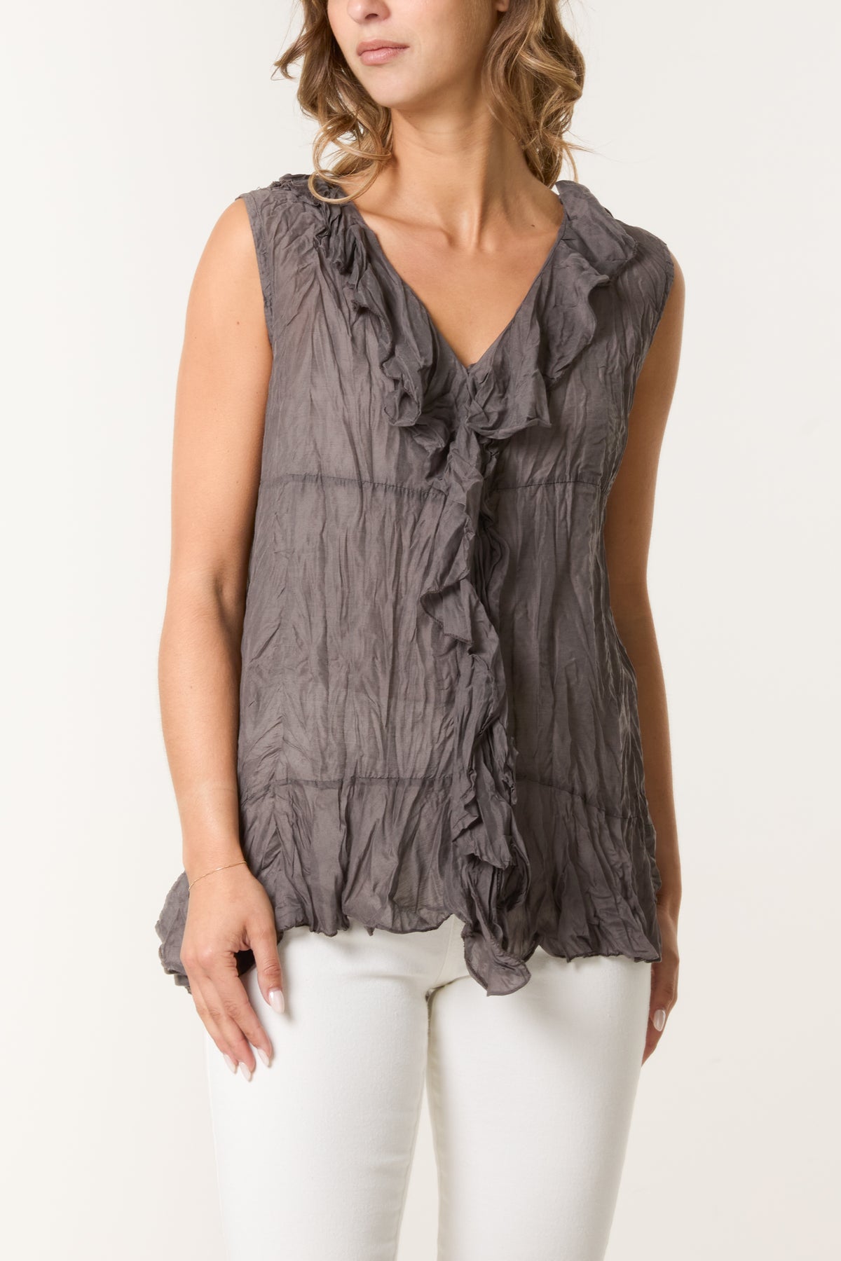 Front Frill Crinkle Sleeveless Blouse