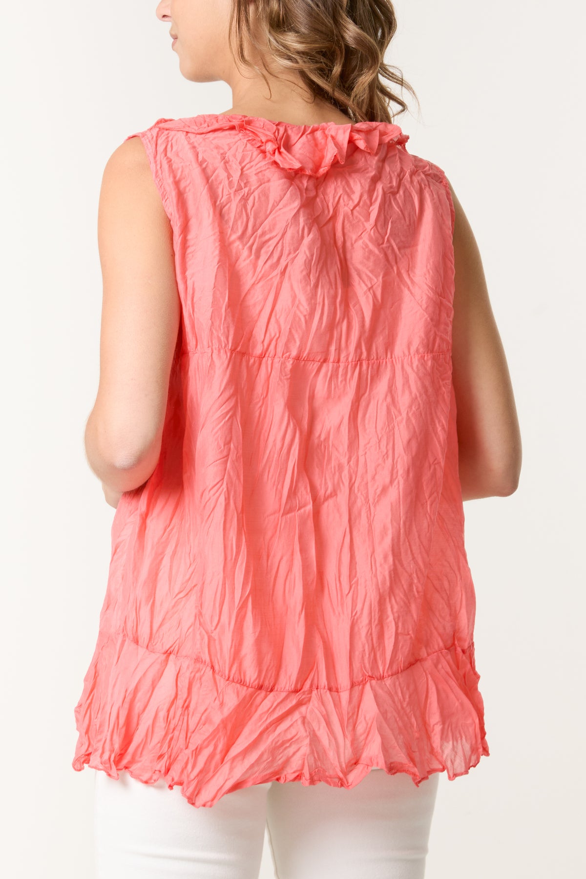 Front Frill Crinkle Sleeveless Blouse