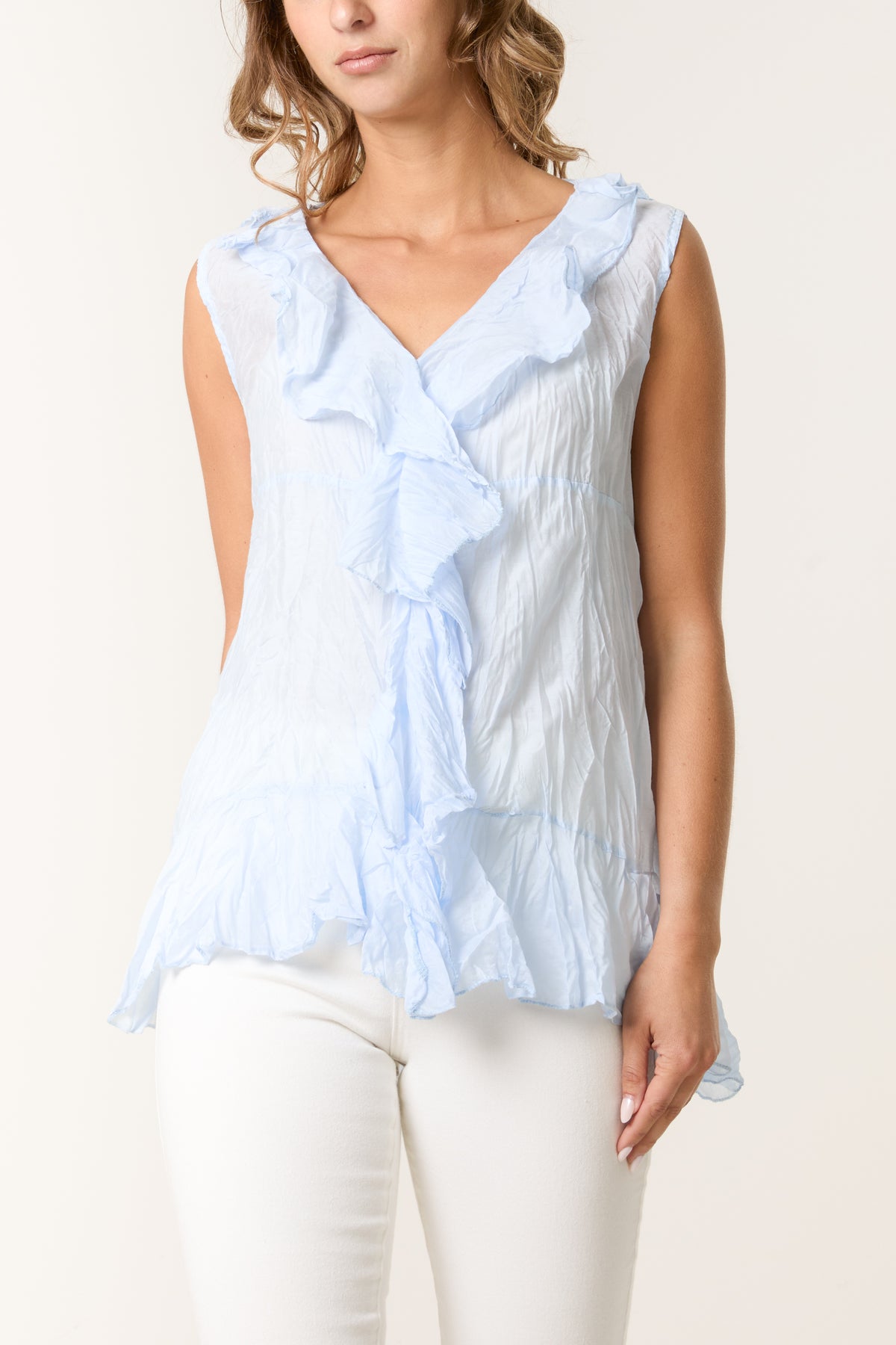 Front Frill Crinkle Sleeveless Blouse