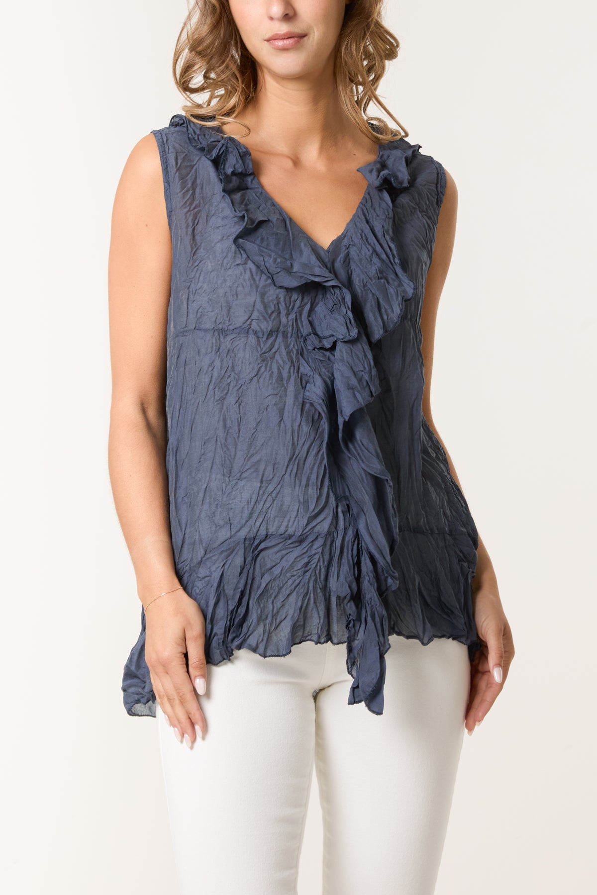 Front Frill Crinkle Sleeveless Blouse