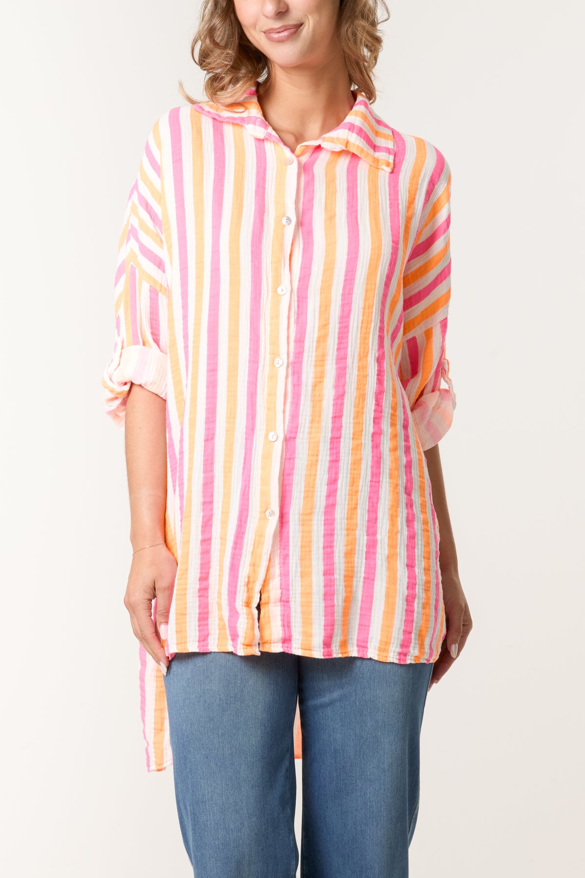 Striped Cheesecloth High Low Shirt