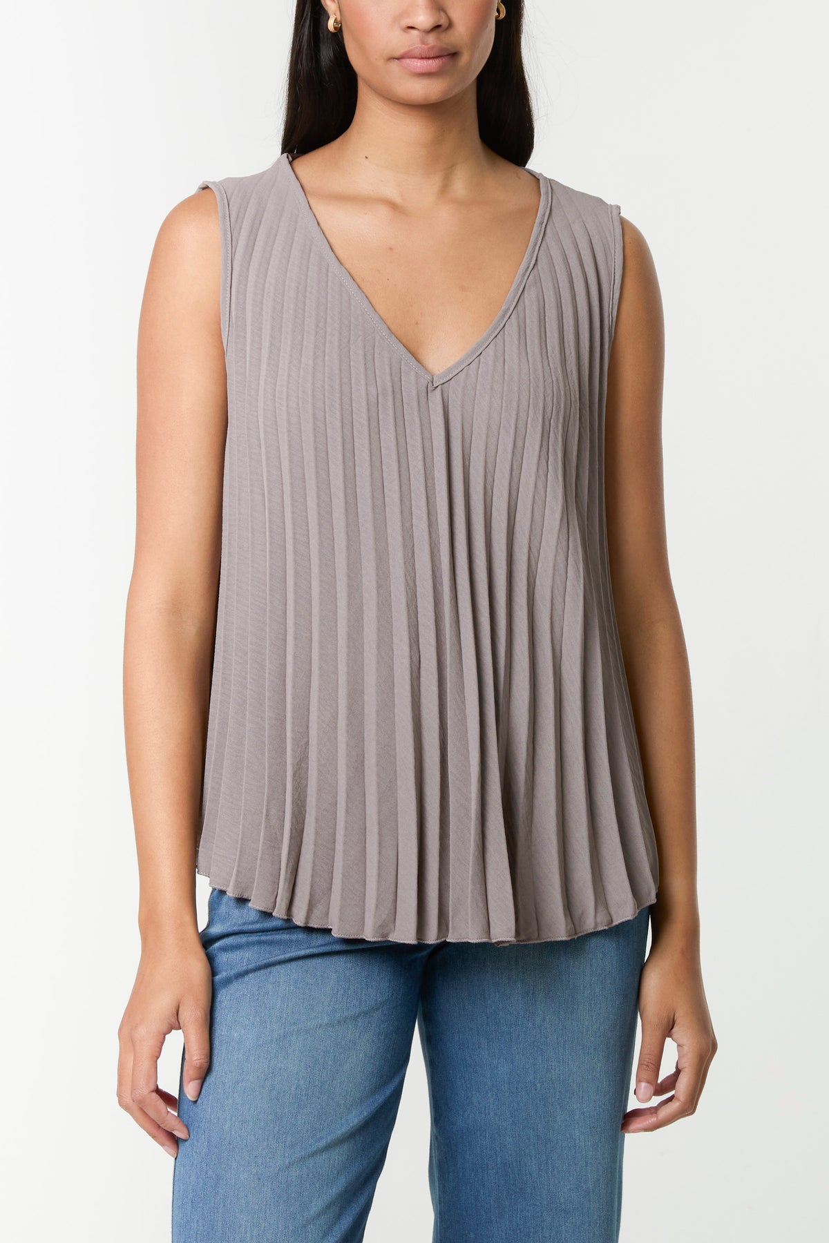 Pleated V-Neck Sleeveless Blouse