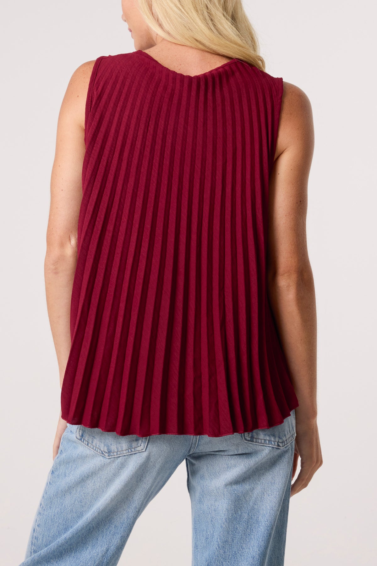 Pleated V-Neck Sleeveless Blouse