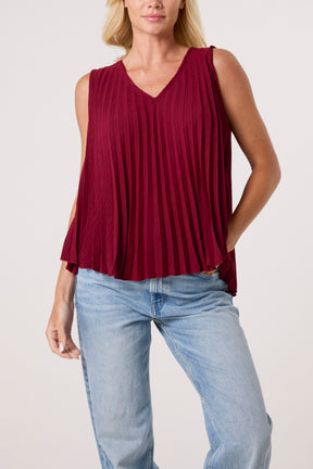 Pleated V-Neck Sleeveless Blouse