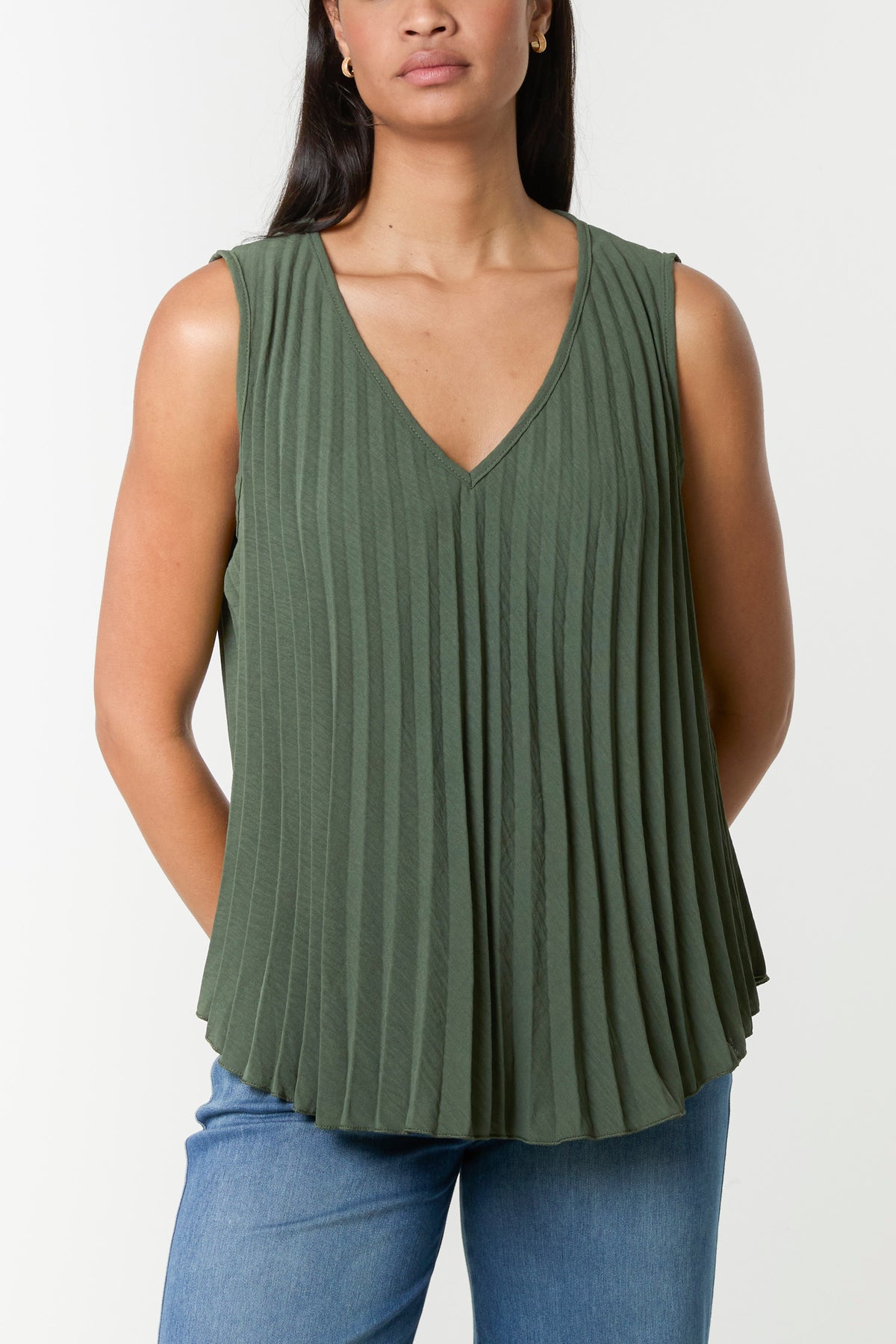 Pleated V-Neck Sleeveless Blouse