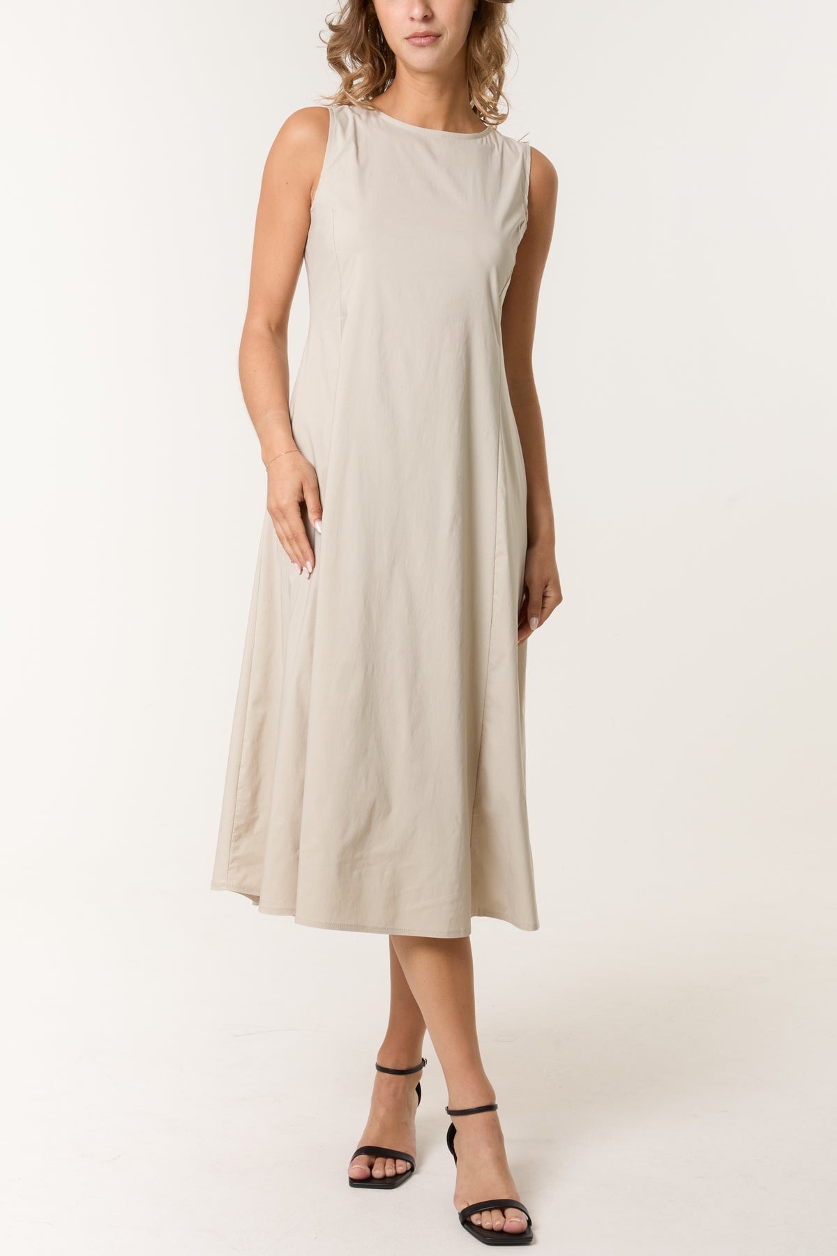 Sleeveless Stretch Pockets Midi Dress