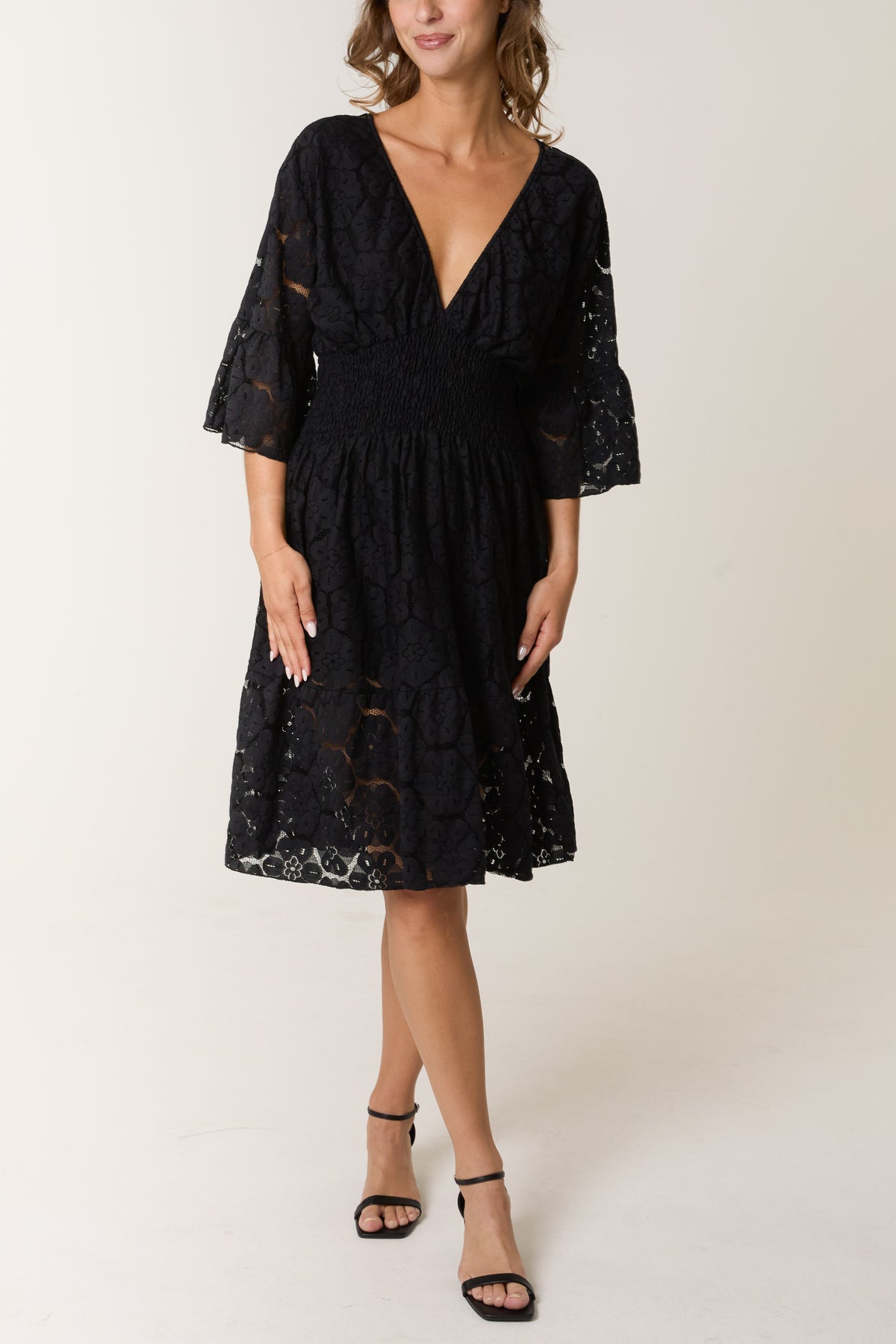 Floral Lace Shirred Bodice Mini Dress
