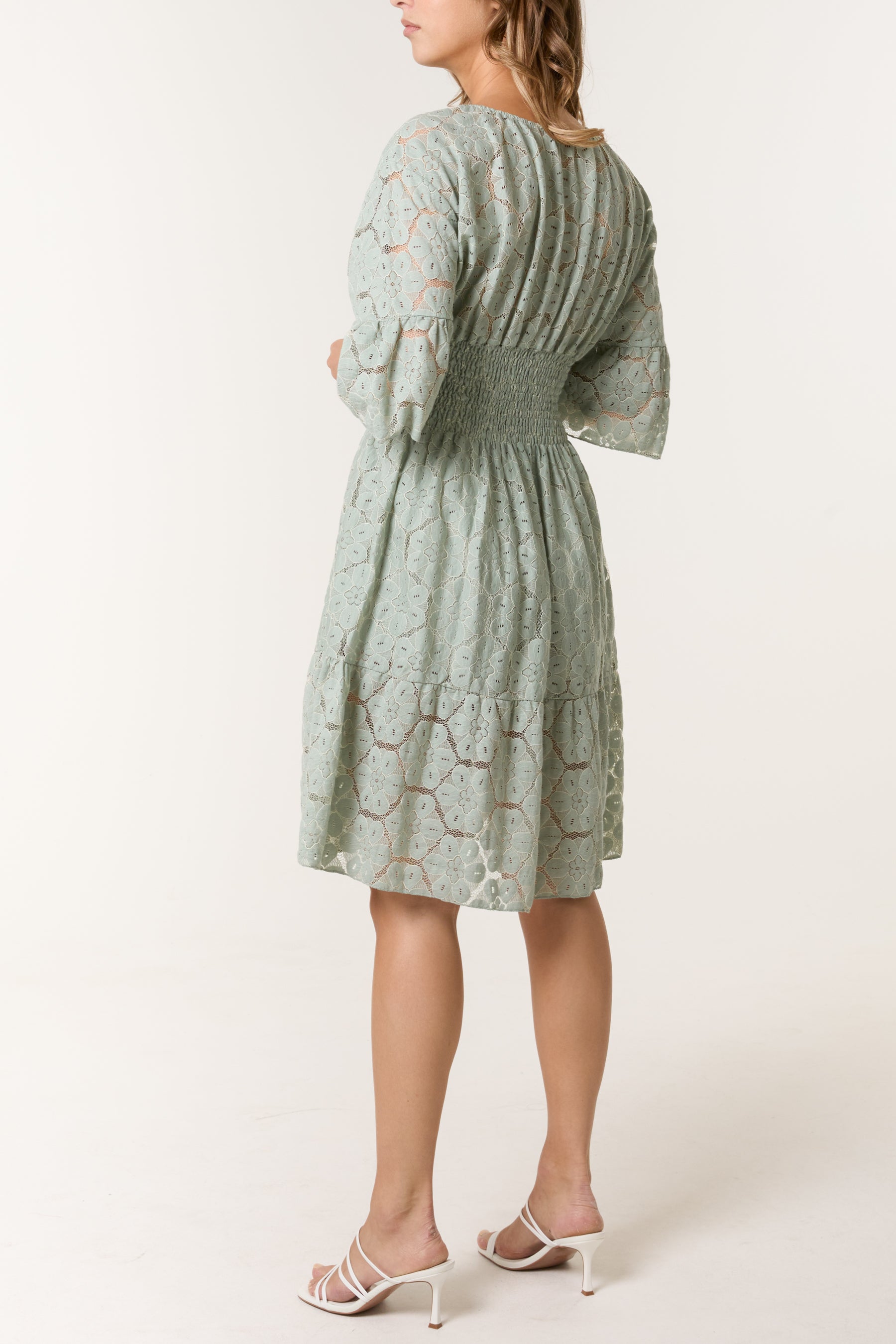 Floral Lace Shirred Bodice Mini Dress