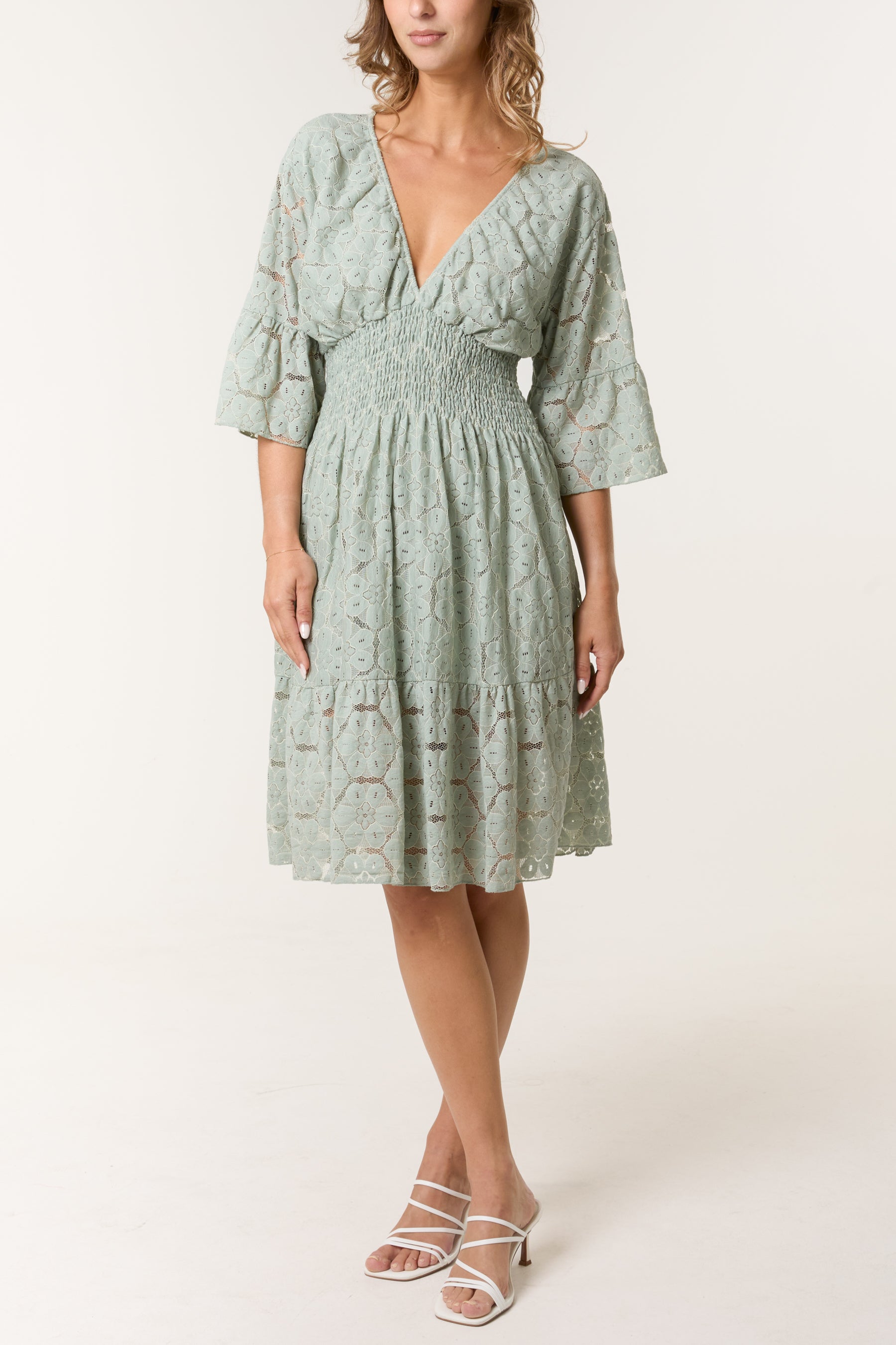 Floral Lace Shirred Bodice Mini Dress