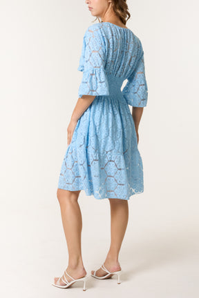 Floral Lace Shirred Bodice Mini Dress