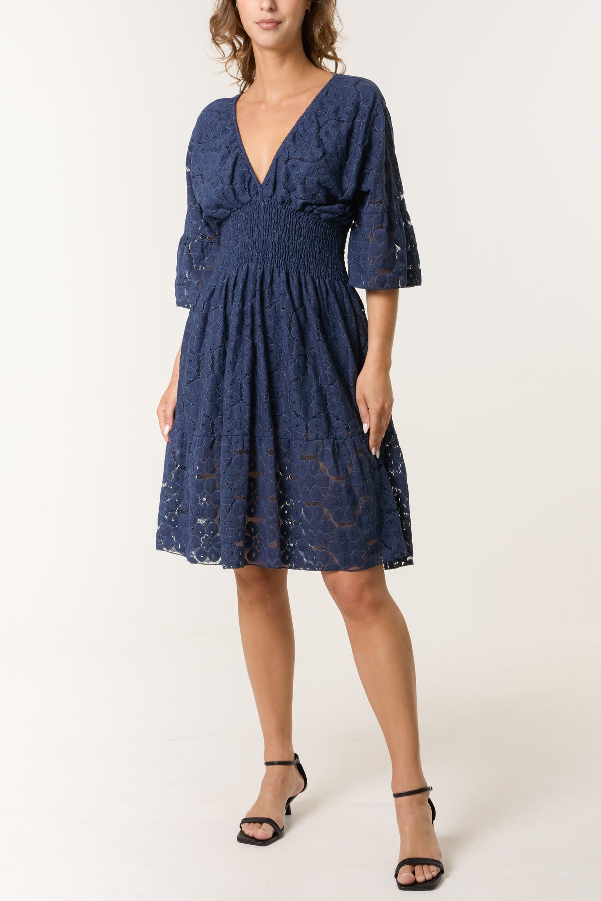 Floral Lace Shirred Bodice Mini Dress
