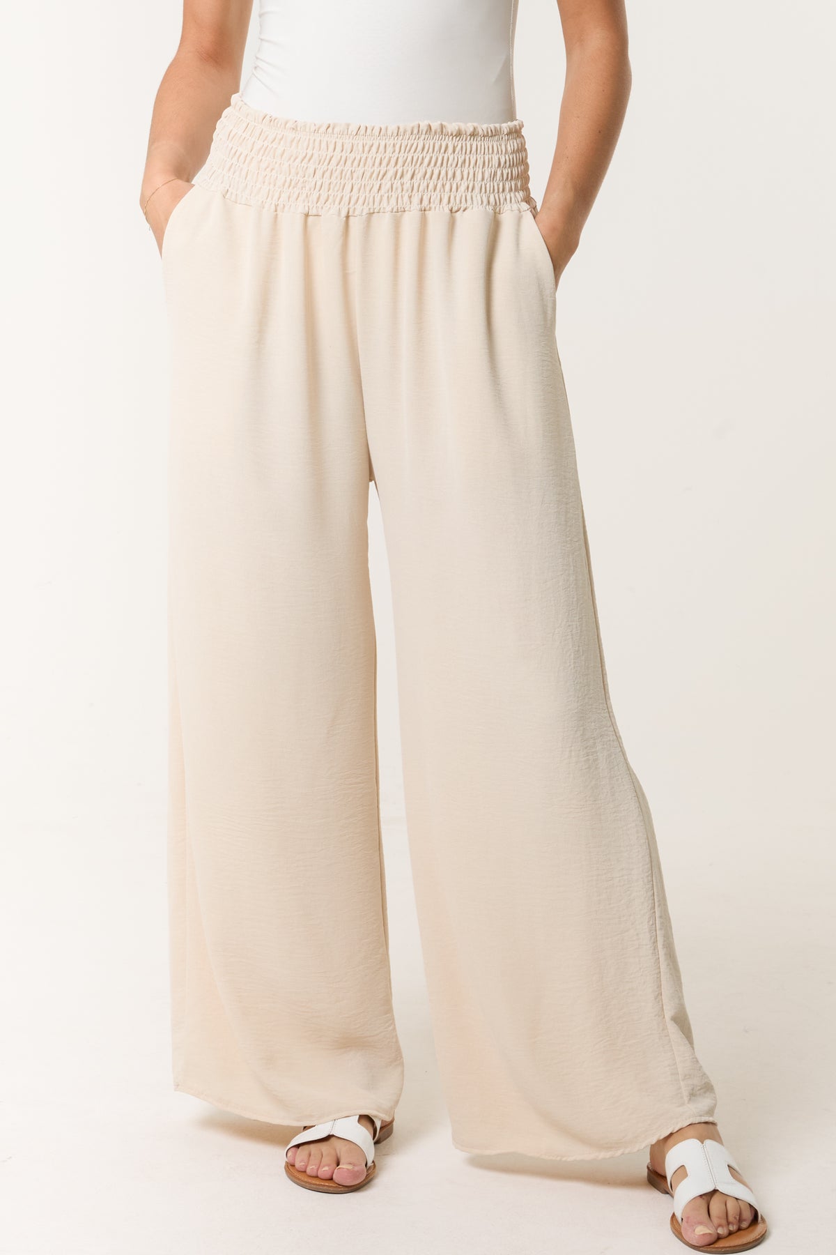 Elasticated Waist Pockets Wide Leg Trousers