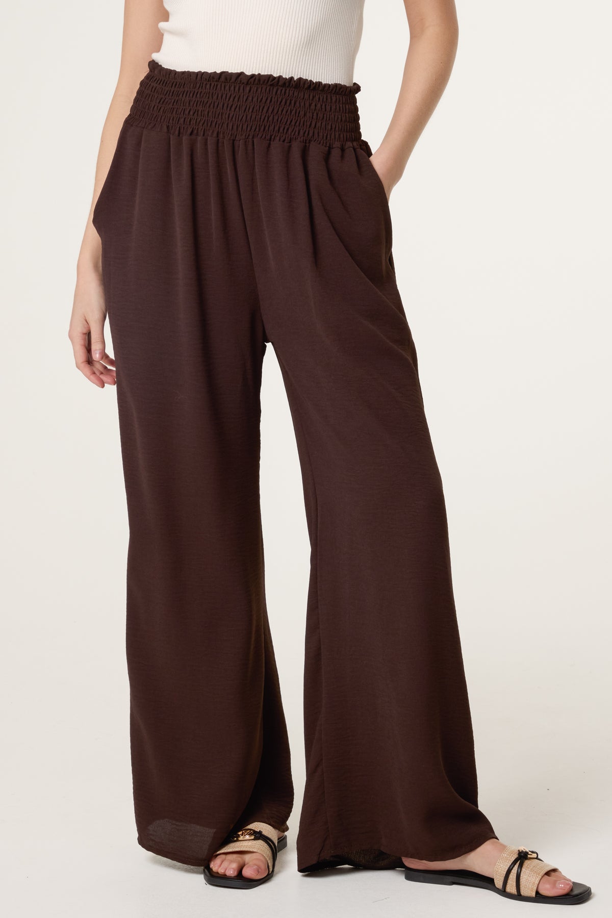 Elasticated Waist Pockets Wide Leg Trous
