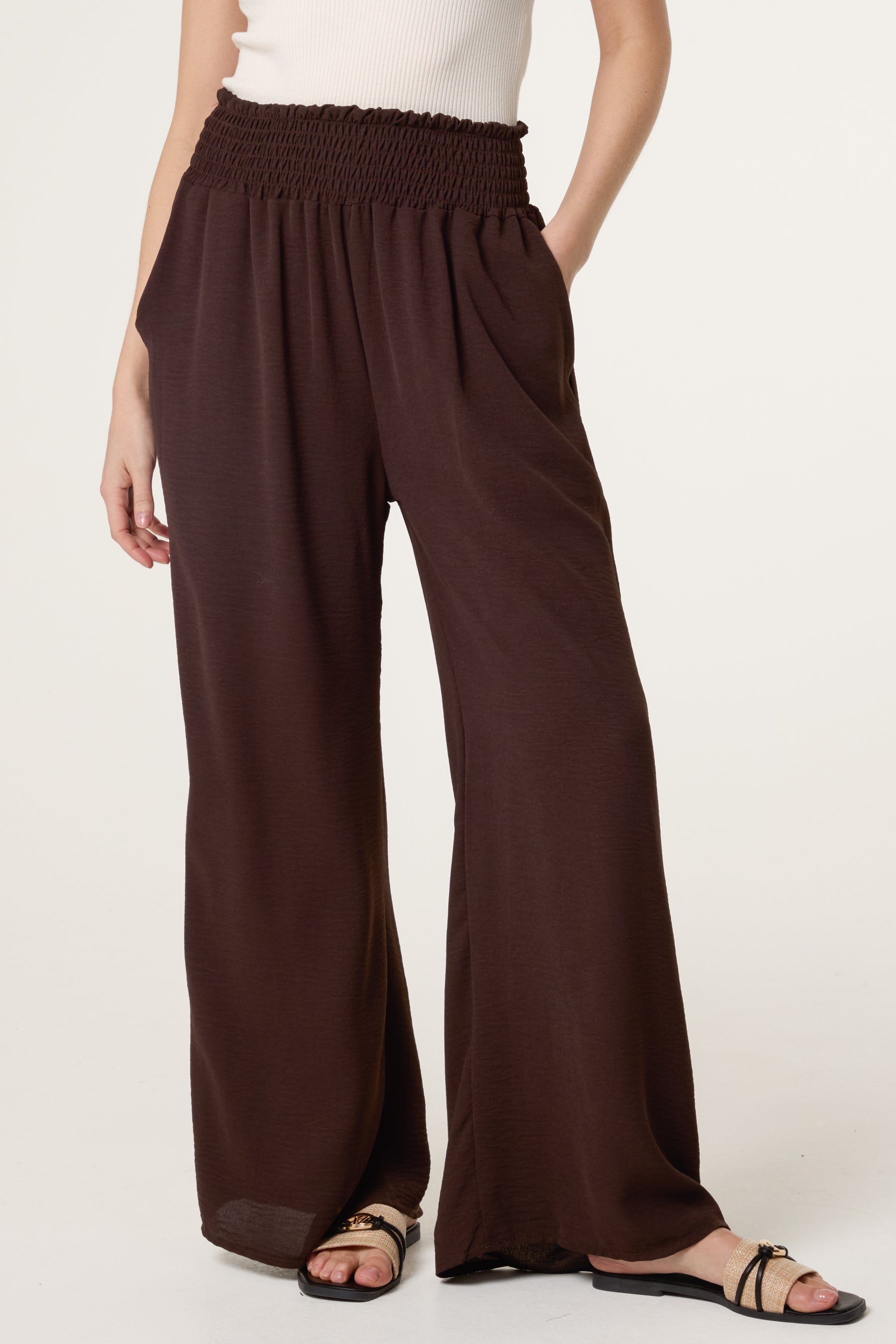 Elasticated Waist Pockets Wide Leg Trous