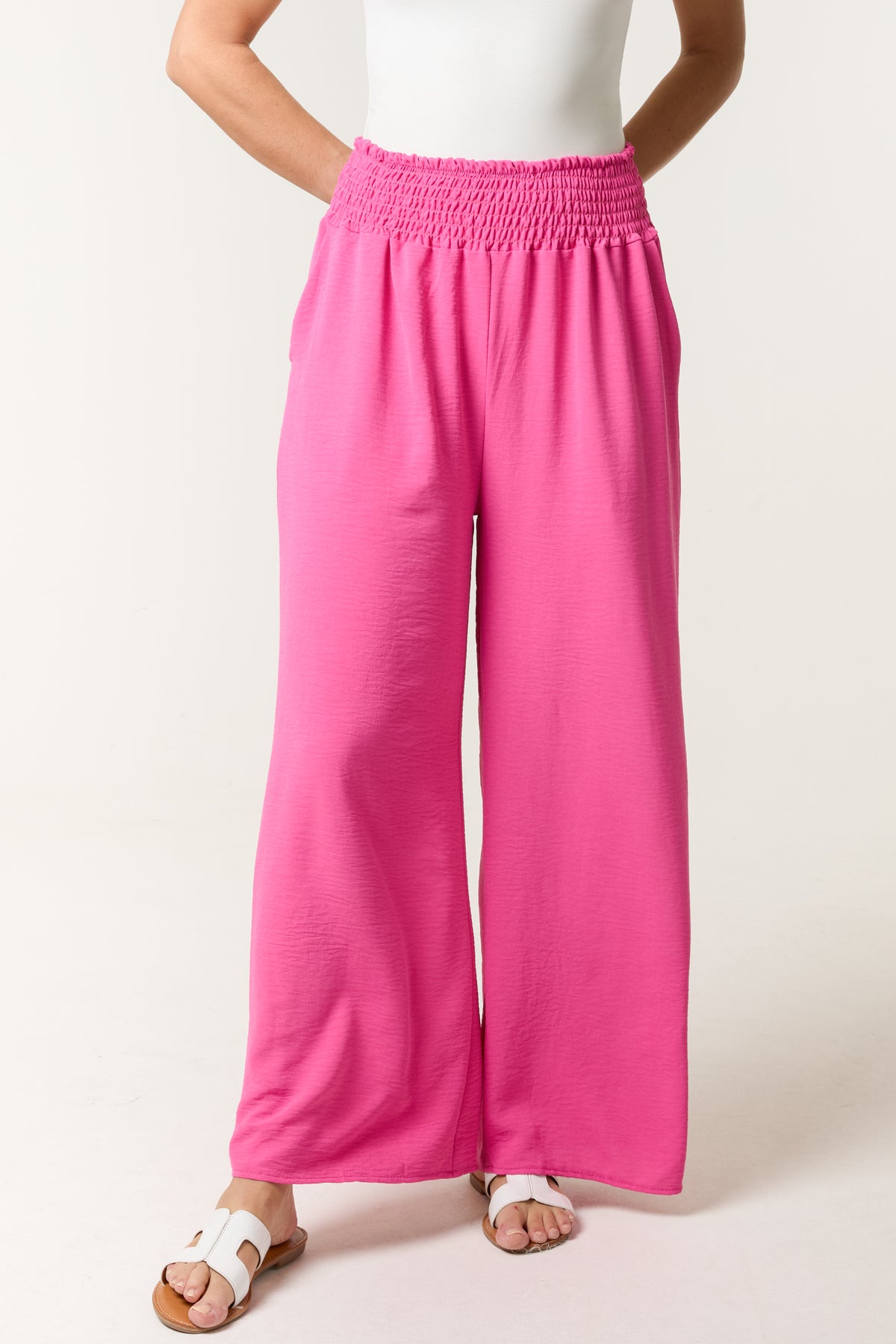 Elasticated Waist Pockets Wide Leg Trousers