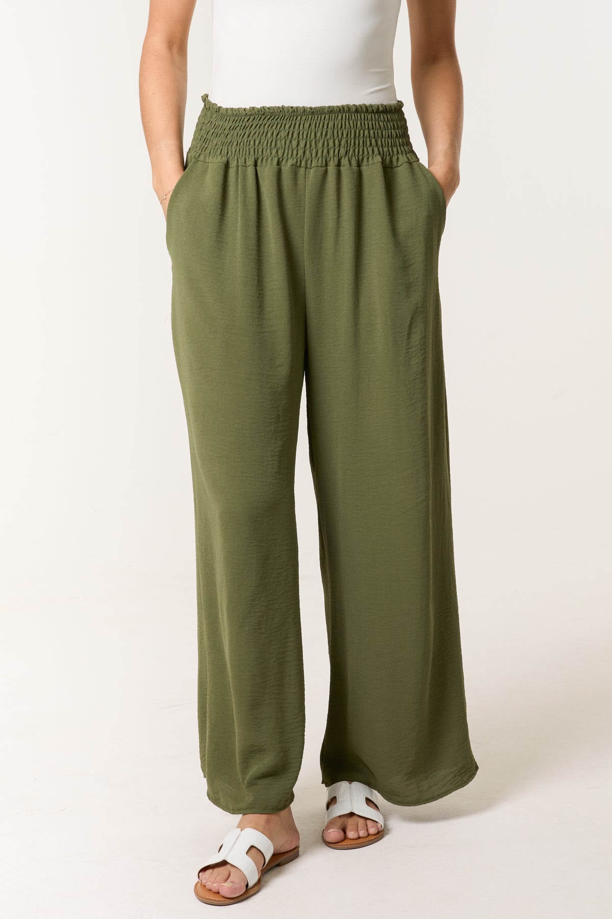 Elasticated Waist Pockets Wide Leg Trousers