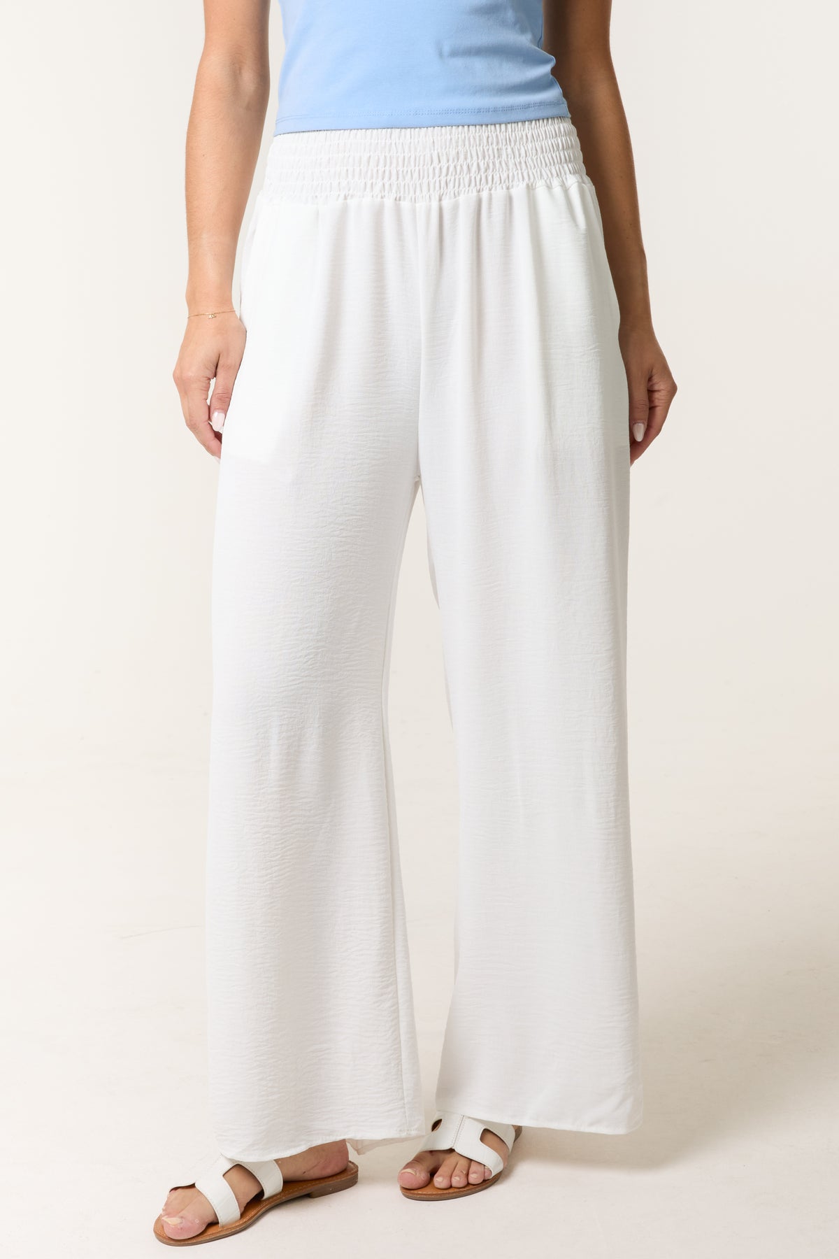 Elasticated Waist Pockets Wide Leg Trousers