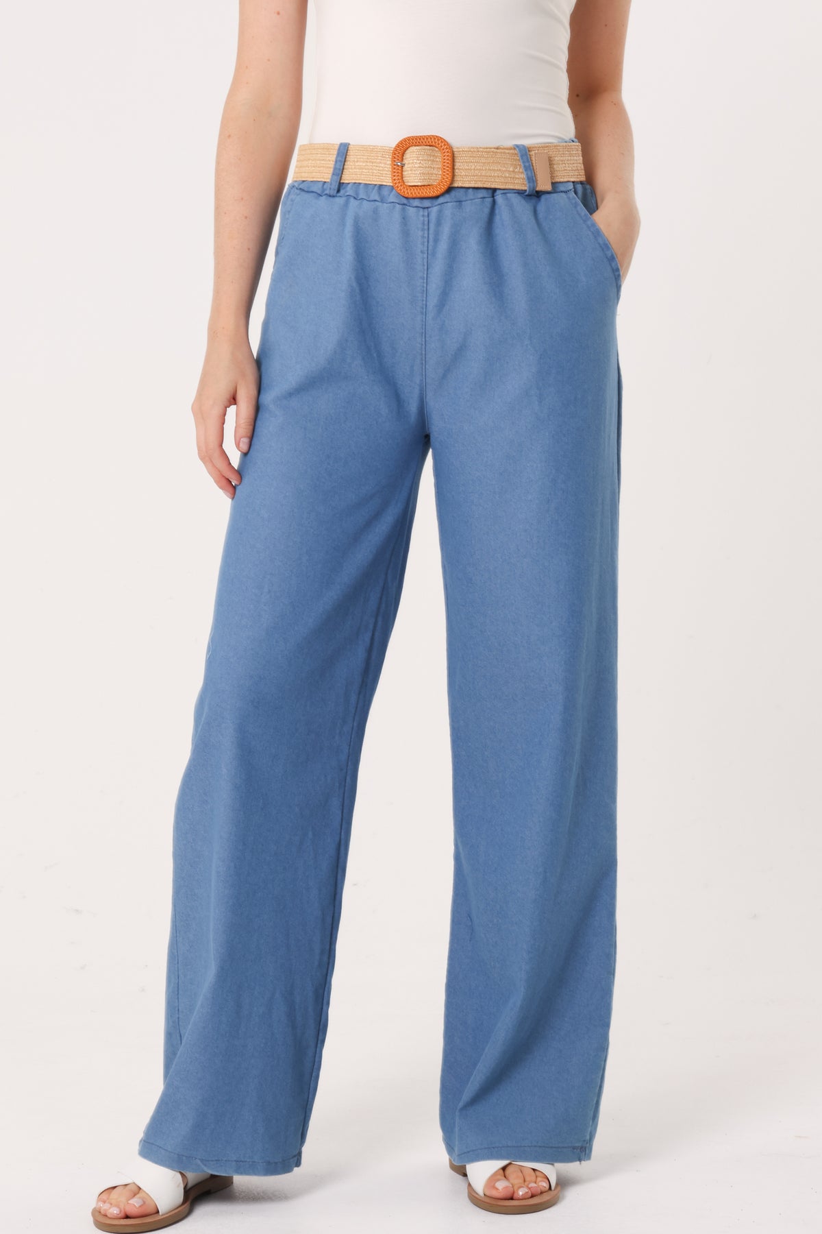Belted Stretch Denim Wide Leg Trousers