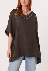 V-Neck Sequins Trim Short Sleeve Top