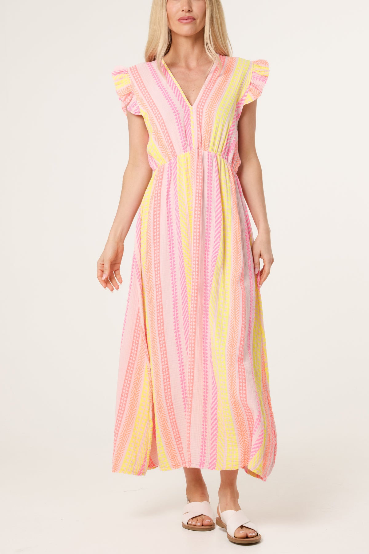 Aztec Print Frill Sleeve Cotton Dress