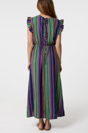 Aztec Print Frill Sleeve Cotton Dress