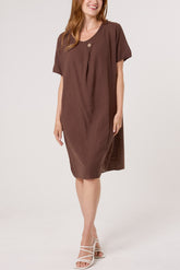 Front Button Pockets Cotton Dress