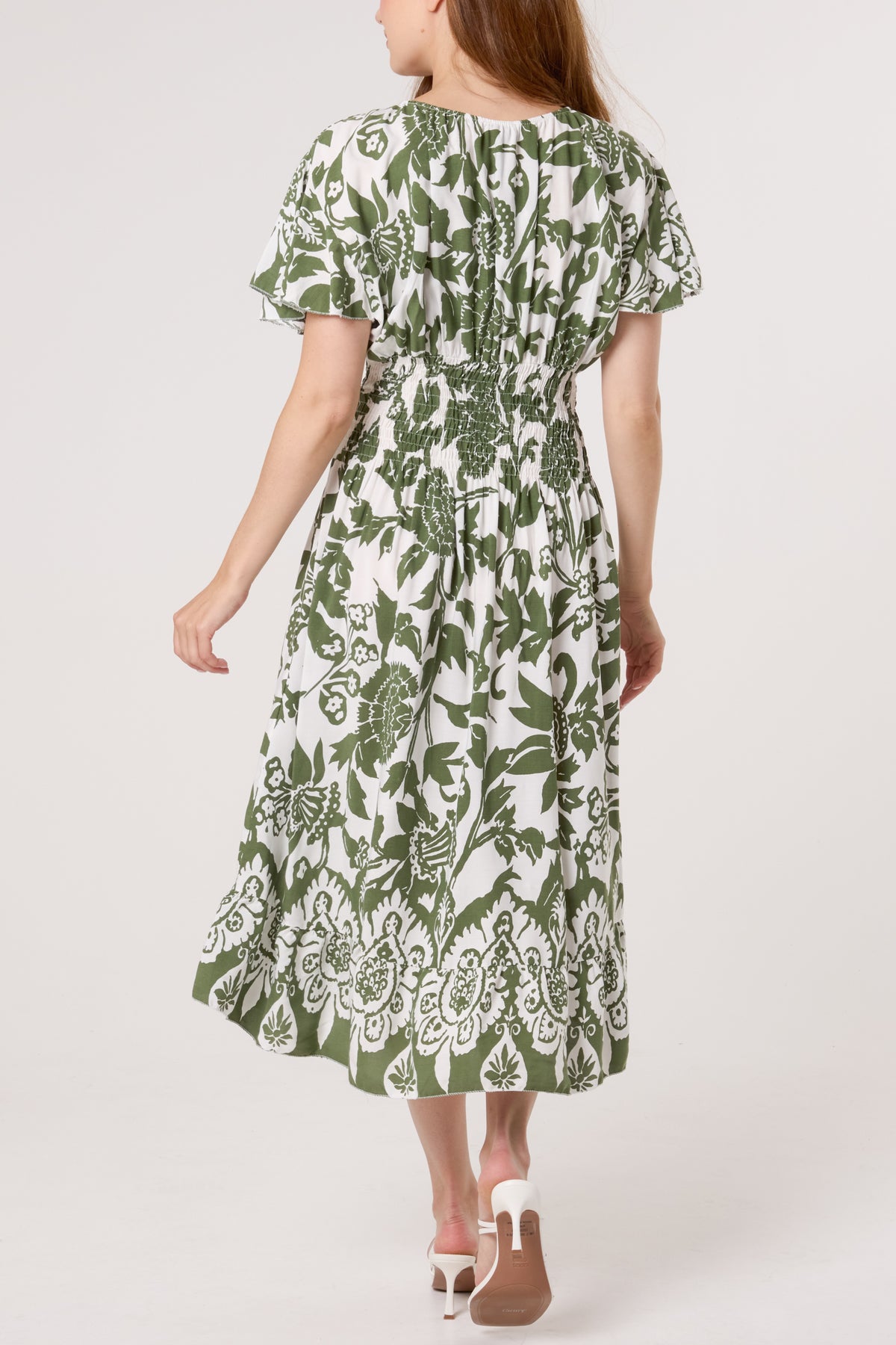 Angel Sleeve Shirred Bodice Midi Dress