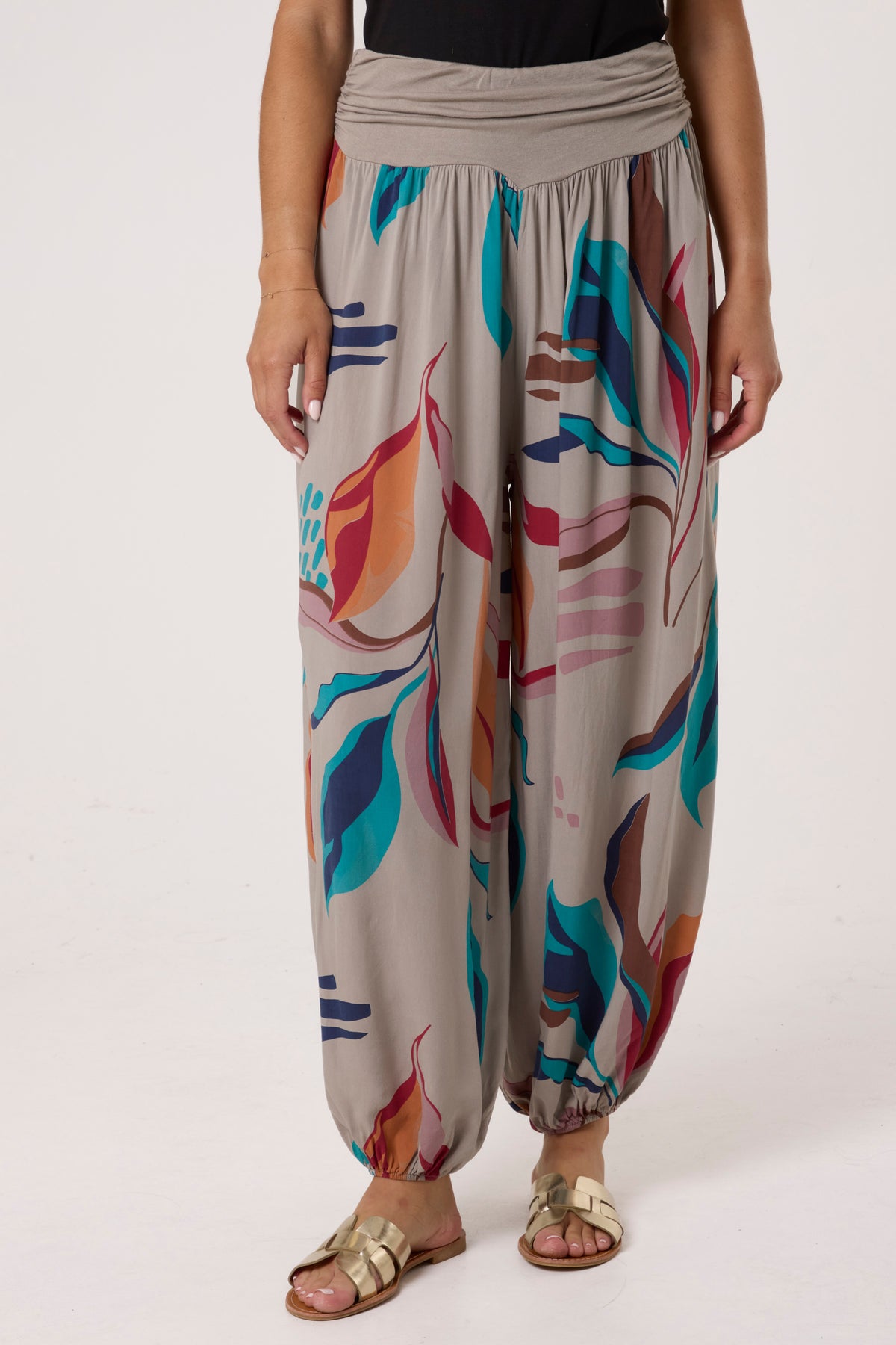Leave Print Waistband Harem Trousers