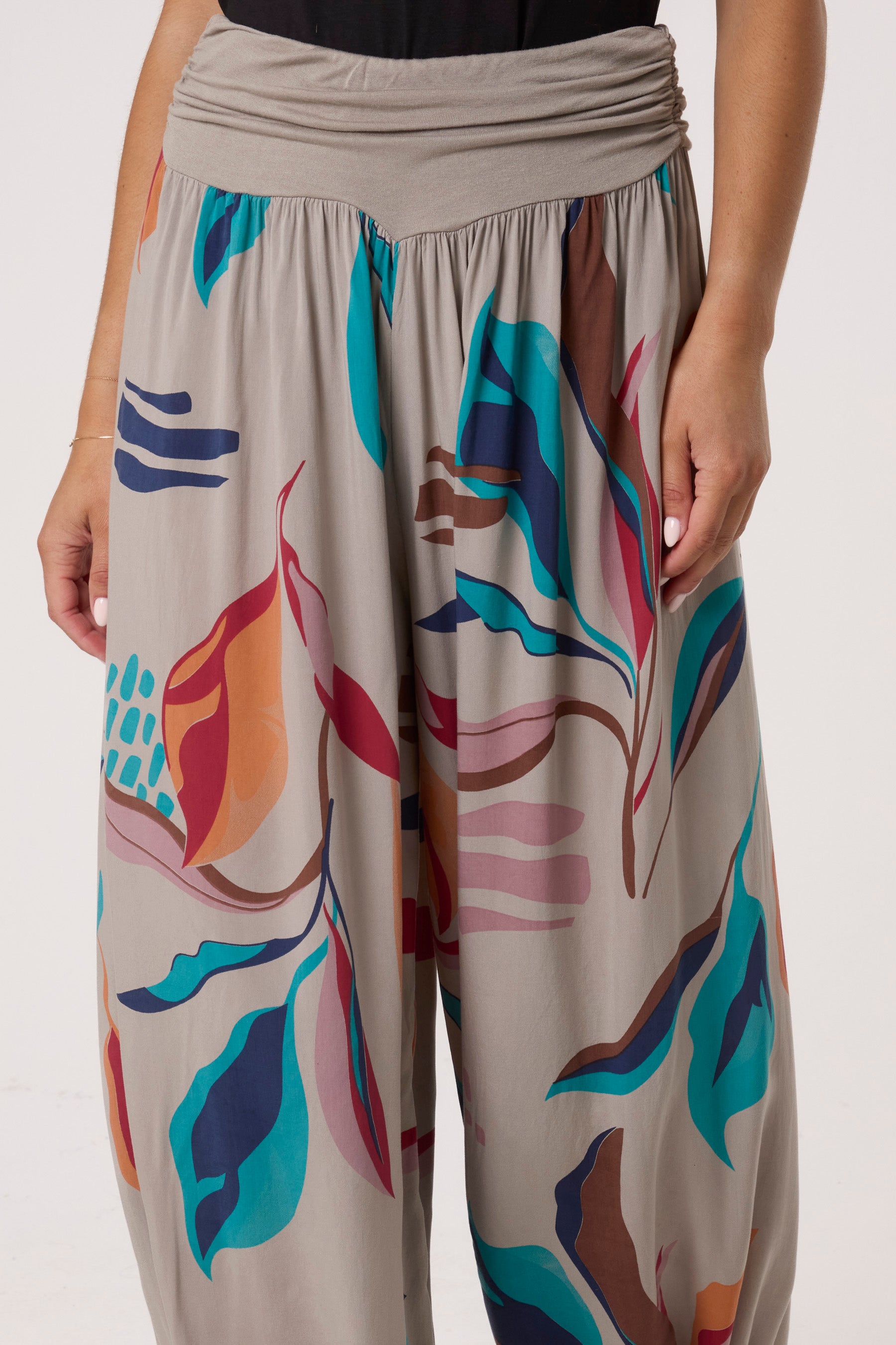 Leave Print Waistband Harem Trousers