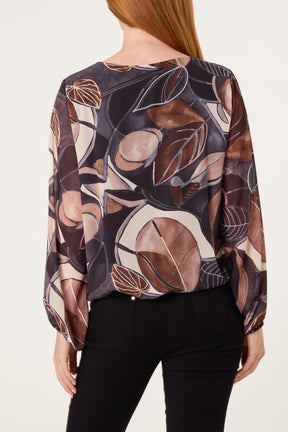 Scoop Neck Leave Print Blouse