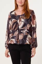 Scoop Neck Leave Print Blouse