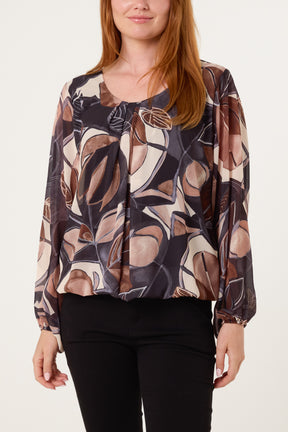 Scoop Neck Leave Print Blouse