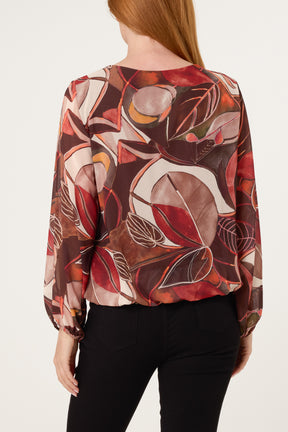 Scoop Neck Leave Print Blouse