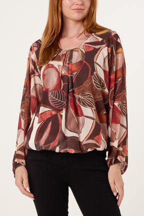 Scoop Neck Leave Print Blouse