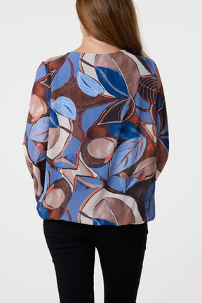 Scoop Neck Leave Print Blouse