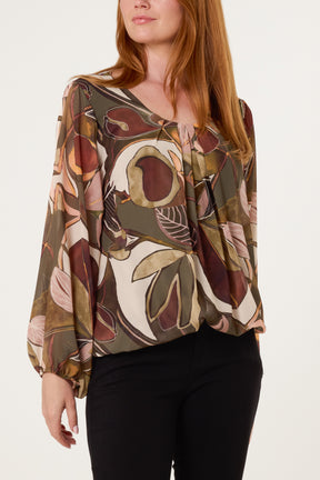 Scoop Neck Leave Print Blouse