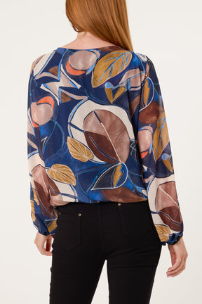Scoop Neck Leave Print Blouse