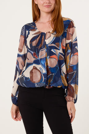 Scoop Neck Leave Print Blouse