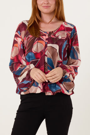 Scoop Neck Leave Print Blouse