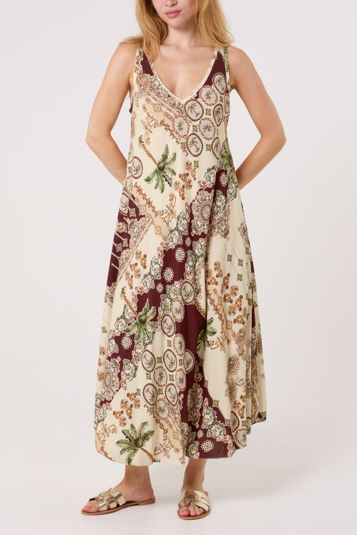 Double V-Neck Palm Tree Maxi Dress