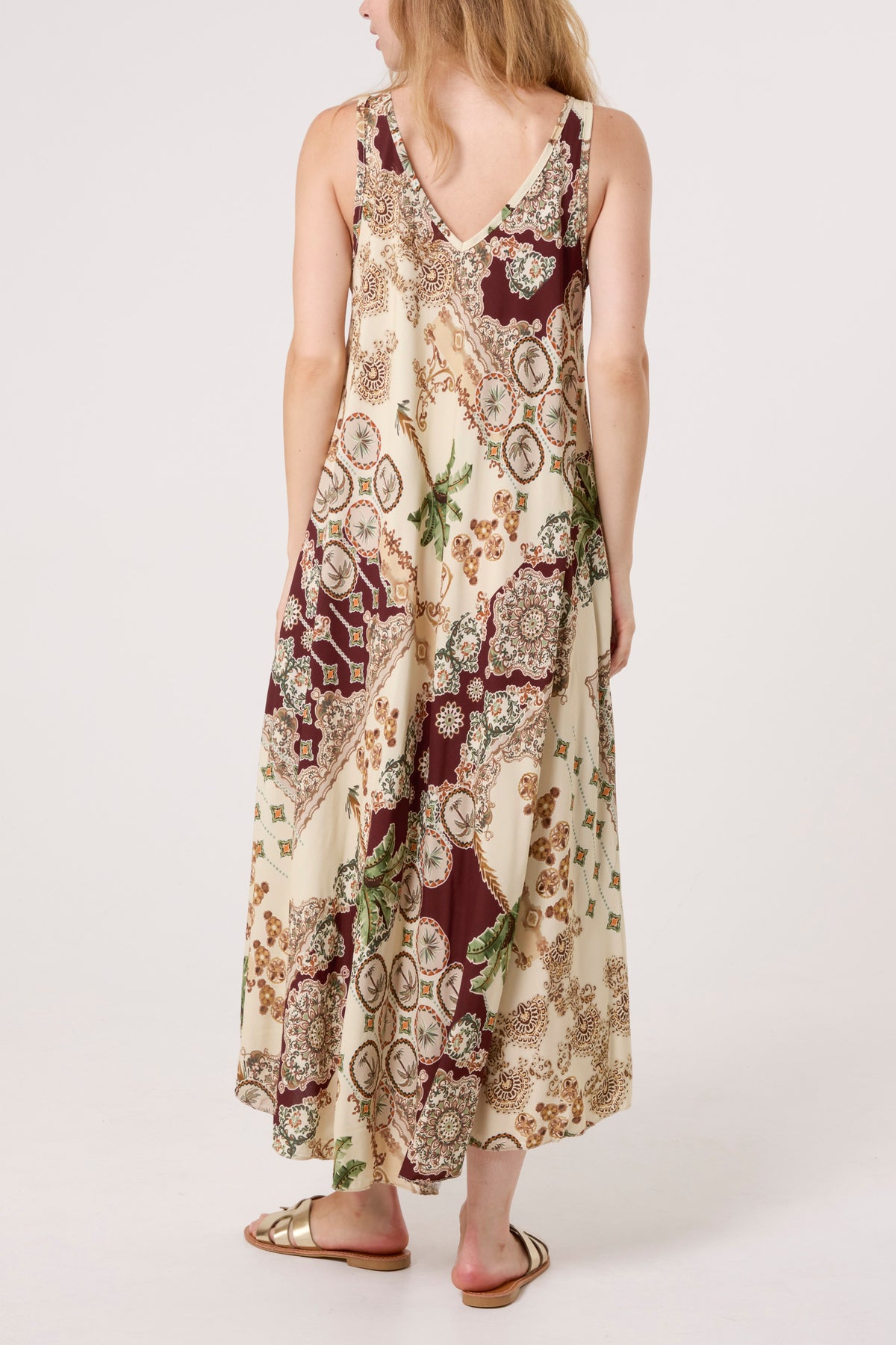 Double V-Neck Palm Tree Maxi Dress