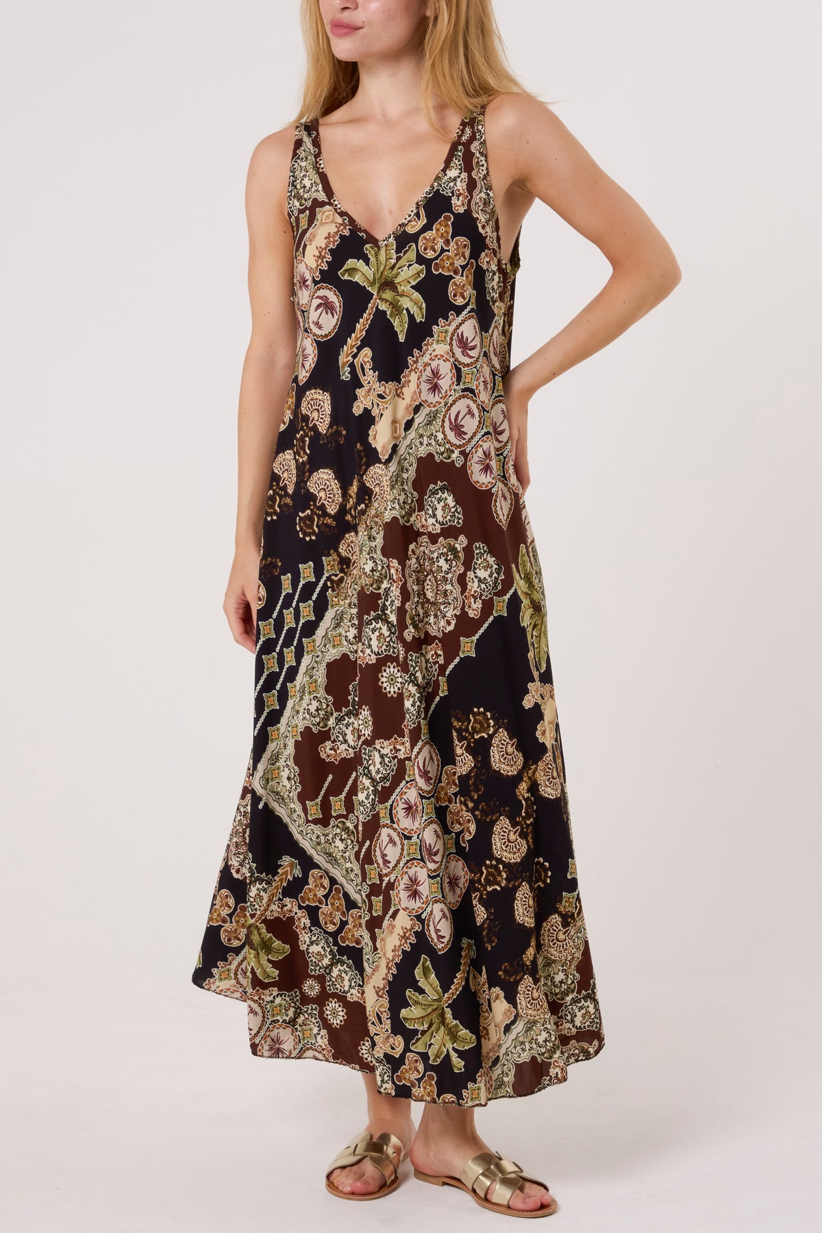 Double V-Neck Palm Tree Maxi Dress