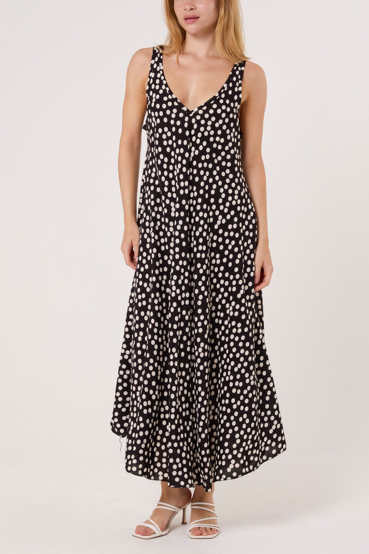 Double V-Neck Polka Dot Maxi Dress